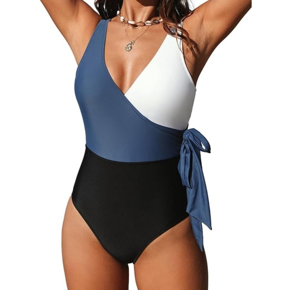 Cupshe Colorblock Tri Color Faux Wrap One Piece Swimsuit Side Tie XL Blue NWT - Picture 1 of 15